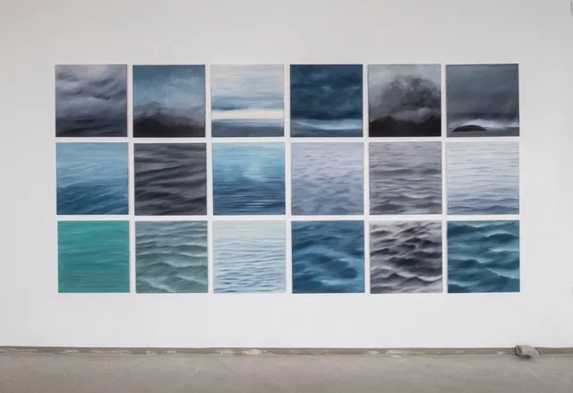 Ölbilder, Ansicht der Werkgruppe, achtzehn Arbeiten, je 50 × 50 cm — Pia Schläppi